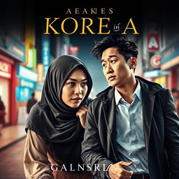 A dramatic book cover design featuring a Muslim woman in traditional attire, showcasing her determination and emotional intensity as she chases after a handsome Korean man dressed in modern clothing