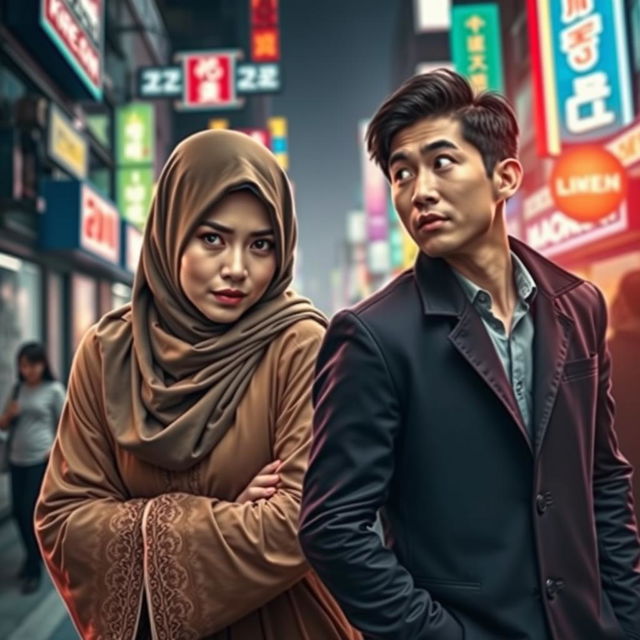 A dramatic book cover design featuring a Muslim woman in traditional attire, showcasing her determination and emotional intensity as she chases after a handsome Korean man dressed in modern clothing