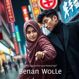 A dramatic book cover design featuring a Muslim woman in traditional attire, showcasing her determination and emotional intensity as she chases after a handsome Korean man dressed in modern clothing