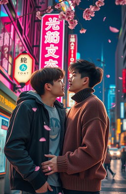 A romantic scene set beneath vibrant city lights showcasing a boys' love story