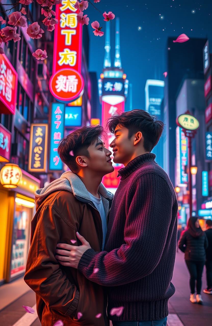 A romantic scene set beneath vibrant city lights showcasing a boys' love story