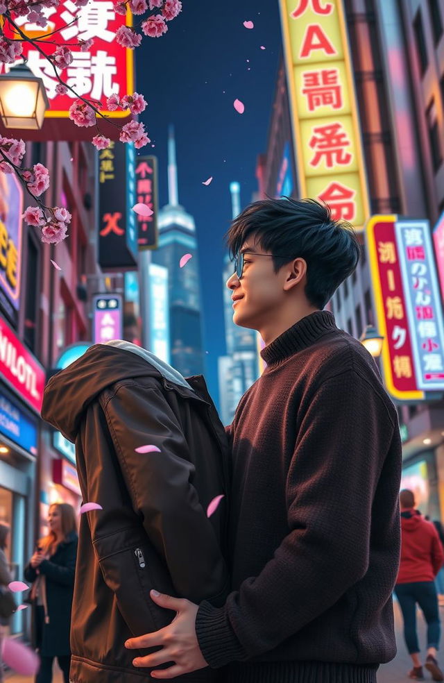 A romantic scene set beneath vibrant city lights showcasing a boys' love story