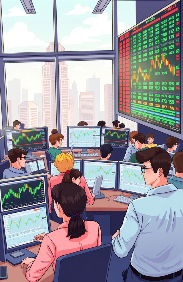 A visually engaging illustration representing options trading in a vibrant, modern financial setting