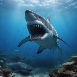 An underwater world full of Megalodons, the colossal ancient sharks, with marine life flourishing around. Coral reefs brightly colored and azure oceanic expanses, while the mighty Megalodons swim through it all, showing their incredible size and power.