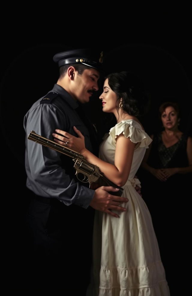 A loving scene depicting a Mexican couple, the man dressed as a 30-year-old police officer and the woman in a youthful 18-year-old dress, embracing each other sweetly