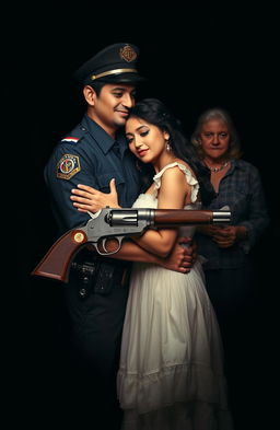 A loving scene depicting a Mexican couple, the man dressed as a 30-year-old police officer and the woman in a youthful 18-year-old dress, embracing each other sweetly