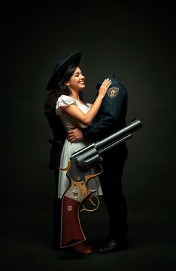 A loving scene depicting a Mexican couple, the man dressed as a 30-year-old police officer and the woman in a youthful 18-year-old dress, embracing each other sweetly