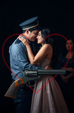 A loving scene depicting a Mexican couple, the man dressed as a 30-year-old police officer and the woman in a youthful 18-year-old dress, embracing each other sweetly
