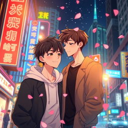 An animated scene capturing a boys' love story beneath vibrant city lights