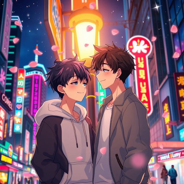 An animated scene capturing a boys' love story beneath vibrant city lights