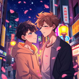 An animated scene capturing a boys' love story beneath vibrant city lights