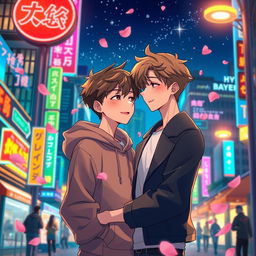 An animated scene capturing a boys' love story beneath vibrant city lights