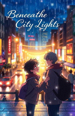 An animated scene set beneath vibrant city lights, capturing the essence of a boys' love story