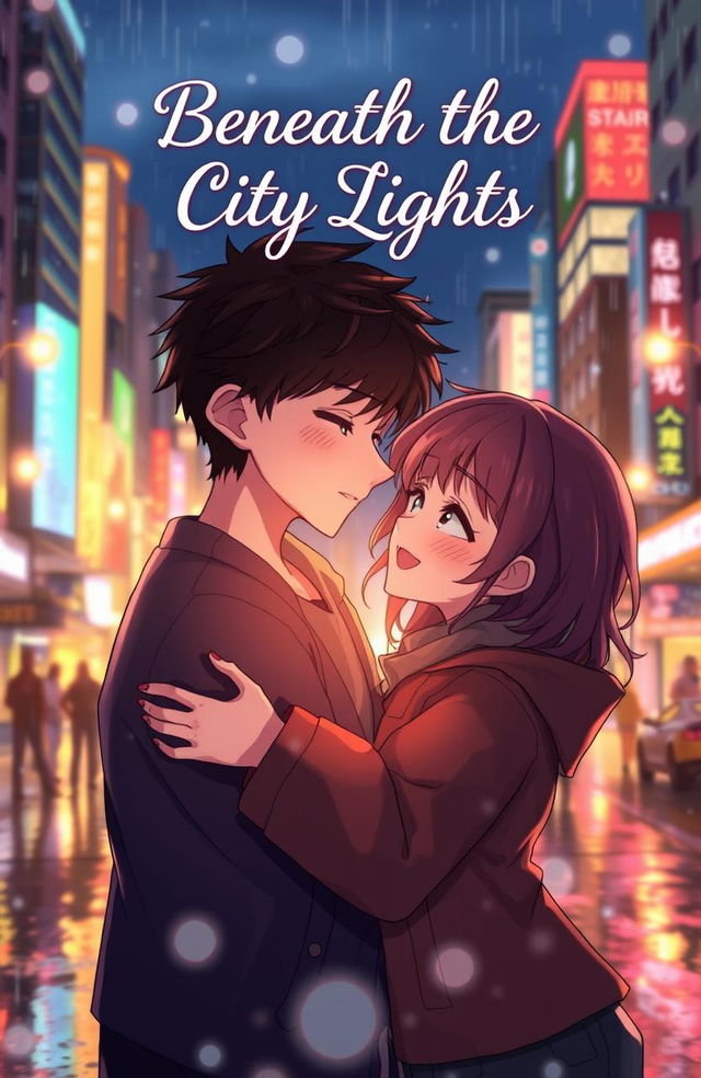 An animated scene set beneath vibrant city lights, capturing the essence of a boys' love story