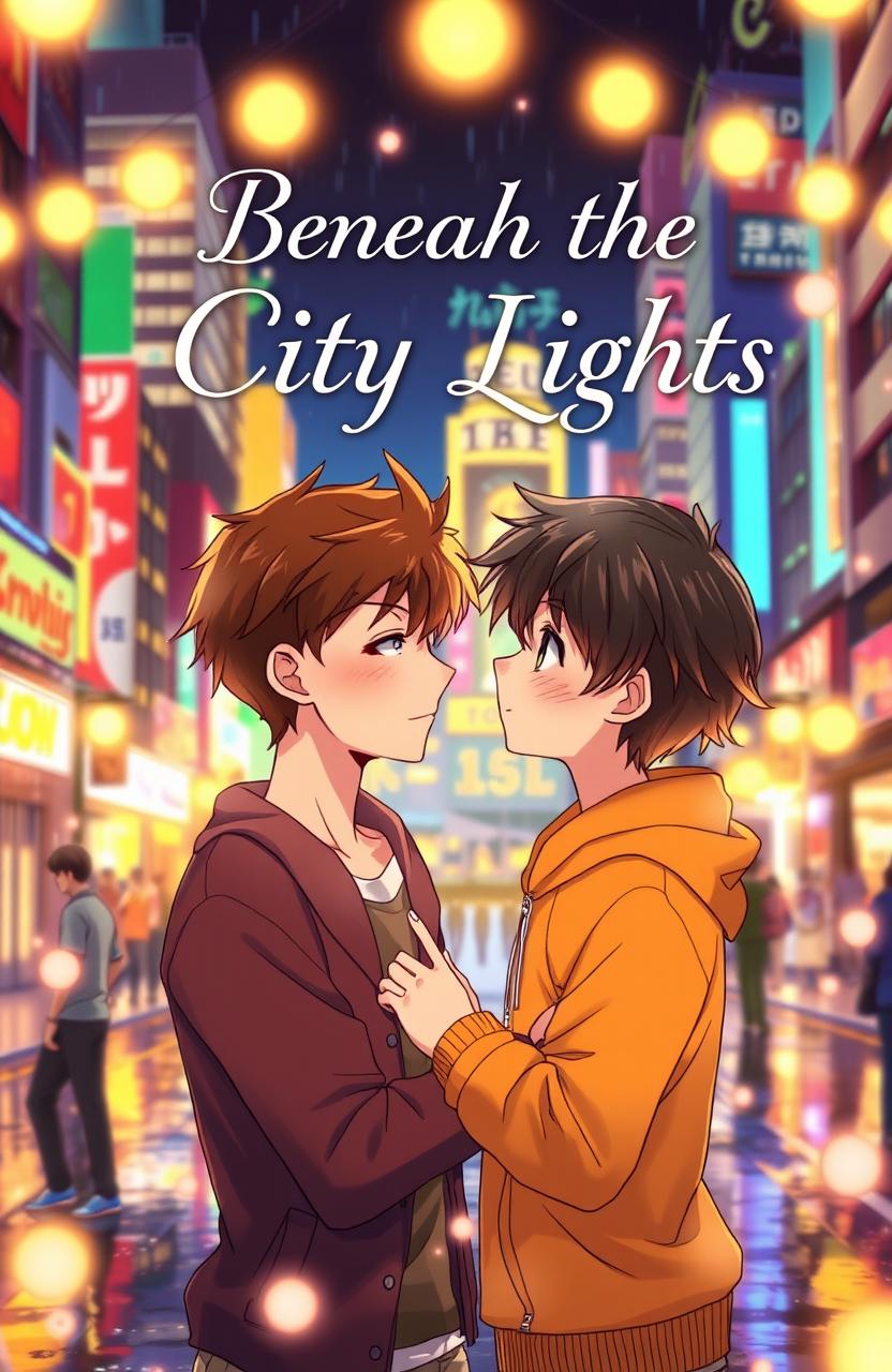 An animated scene set beneath vibrant city lights, capturing the essence of a boys' love story