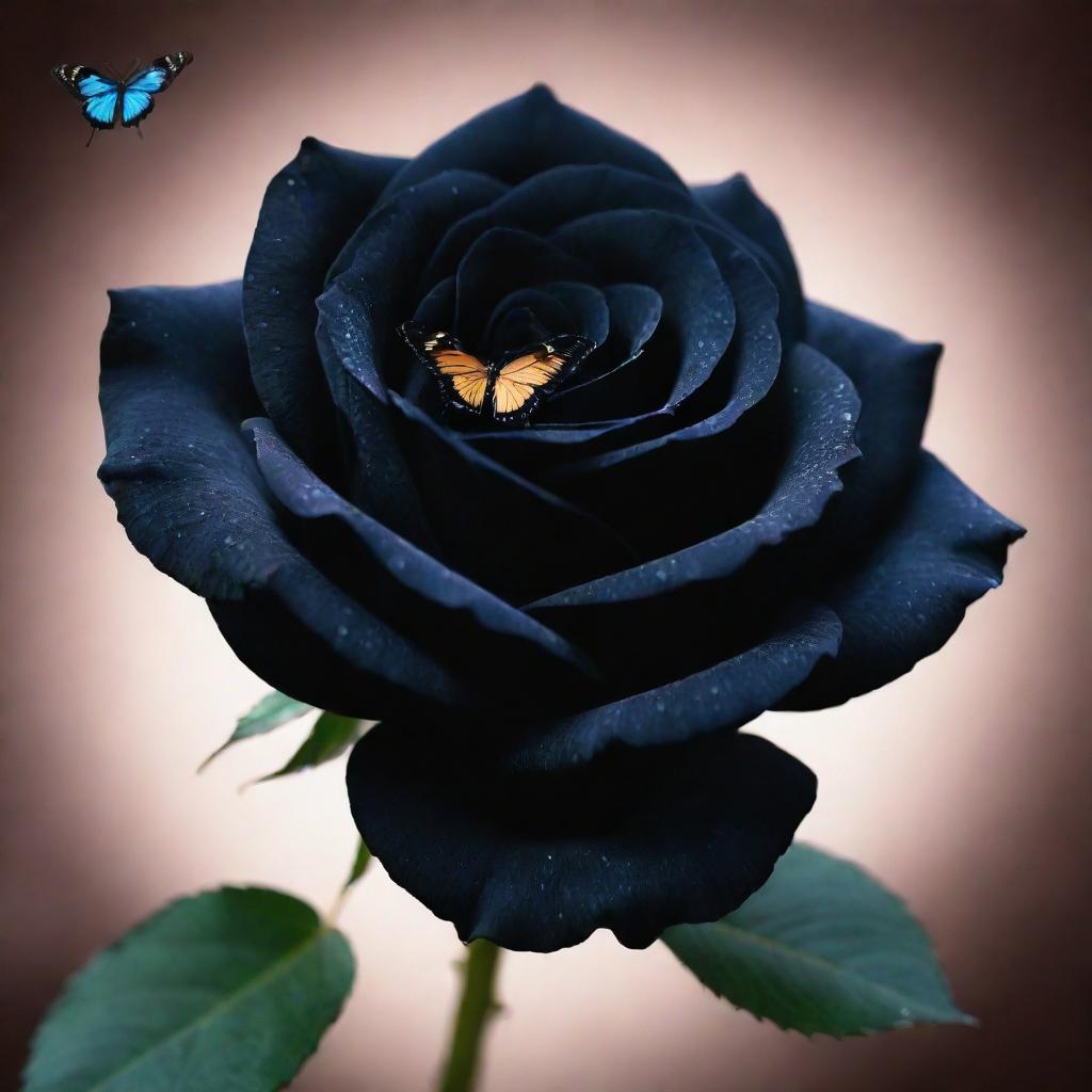 A mysterious deep black rose, its petals shimmering faintly, with a vibrant butterfly contrasting against it.