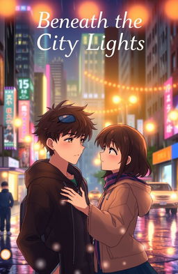 An animated scene set beneath vibrant city lights, capturing the essence of a boys' love story