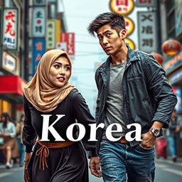 A captivating book cover design featuring a Muslim woman in traditional attire, symbolizing strength and determination, as she passionately chases after a handsome Korean man in casual modern clothing