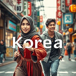 A captivating book cover design featuring a Muslim woman in traditional attire, symbolizing strength and determination, as she passionately chases after a handsome Korean man in casual modern clothing
