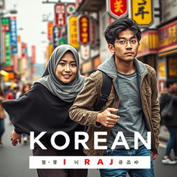 A captivating book cover design featuring a Muslim woman in traditional attire, symbolizing strength and determination, as she passionately chases after a handsome Korean man in casual modern clothing