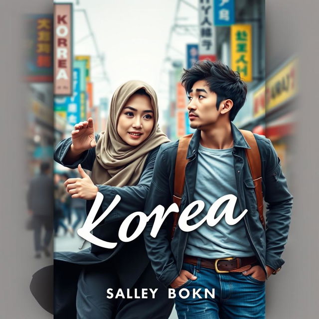 A captivating book cover design featuring a Muslim woman in traditional attire, symbolizing strength and determination, as she passionately chases after a handsome Korean man in casual modern clothing