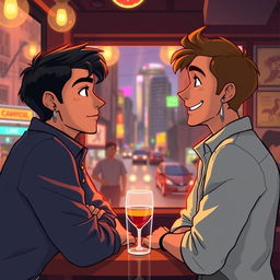 An animated illustration depicting a romantic story set in the bustling city of Manila
