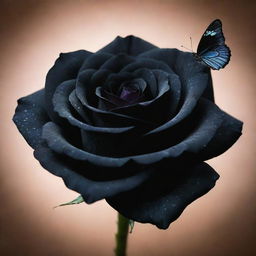 A mysterious deep black rose, its petals shimmering faintly, with a vibrant butterfly contrasting against it.