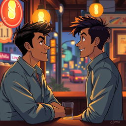 An animated illustration depicting a romantic story set in the bustling city of Manila