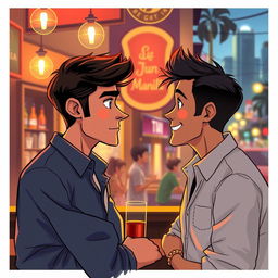 An animated illustration depicting a romantic story set in the bustling city of Manila