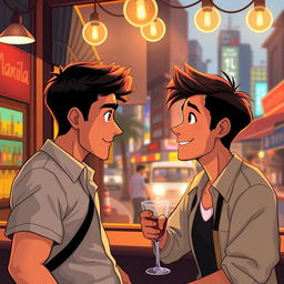 An animated illustration depicting a romantic story set in the bustling city of Manila