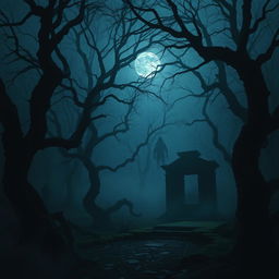 A dark, atmospheric scene featuring a mysterious forest shrouded in mist, twisted trees with gnarled branches, and shadows lurking behind the foliage