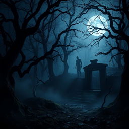 A dark, atmospheric scene featuring a mysterious forest shrouded in mist, twisted trees with gnarled branches, and shadows lurking behind the foliage