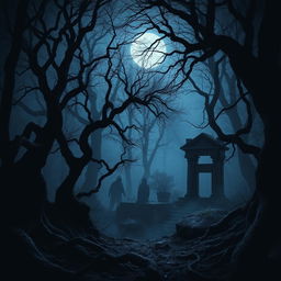 A dark, atmospheric scene featuring a mysterious forest shrouded in mist, twisted trees with gnarled branches, and shadows lurking behind the foliage