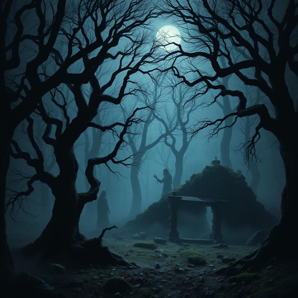 A dark, atmospheric scene featuring a mysterious forest shrouded in mist, twisted trees with gnarled branches, and shadows lurking behind the foliage