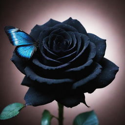 A mysterious deep black rose, its petals shimmering faintly, with a vibrant butterfly contrasting against it.