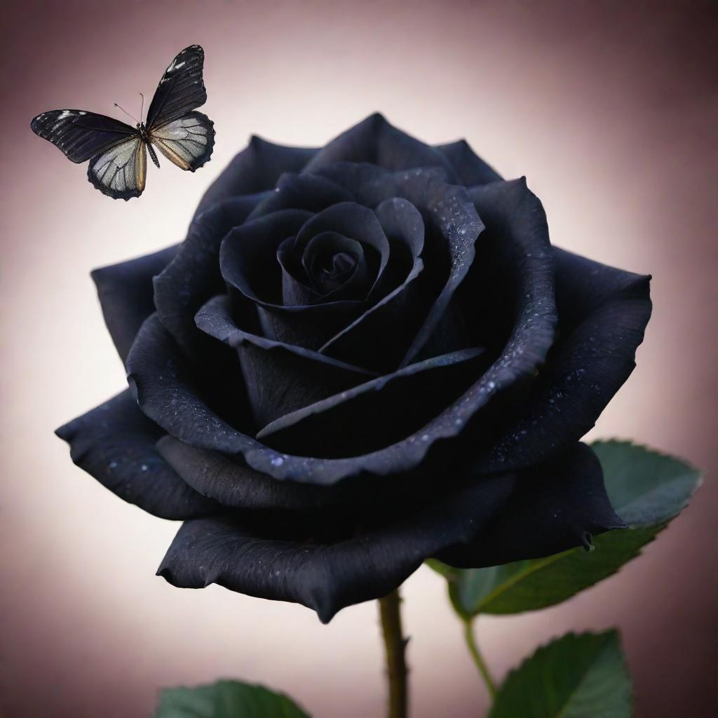 A mysterious deep black rose, its petals shimmering faintly, with a vibrant butterfly contrasting against it.