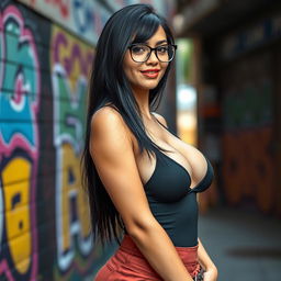 A sexy girl with long black hair wearing stylish glasses and a form-fitting outfit that accentuates her curvy figure with big breasts
