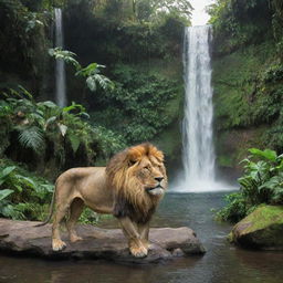 A majestic lion drinking water at the base of a mesmerizing jungle waterfall. The lush greenery of the jungle surrounds the scene, with the cascade of the waterfall providing a serene background.