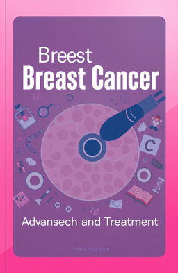 A vibrant cover design for a scientific book on breast cancer, featuring a detailed illustration of breast tissue cells under a microscope, surrounded by elements that symbolize research, such as lab equipment, DNA strands, and charts