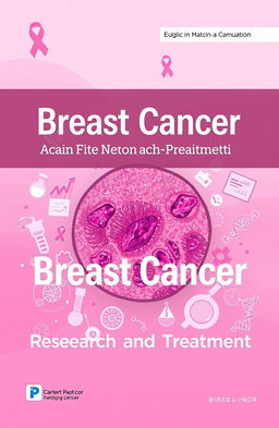 A vibrant cover design for a scientific book on breast cancer, featuring a detailed illustration of breast tissue cells under a microscope, surrounded by elements that symbolize research, such as lab equipment, DNA strands, and charts