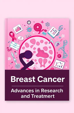 A vibrant cover design for a scientific book on breast cancer, featuring a detailed illustration of breast tissue cells under a microscope, surrounded by elements that symbolize research, such as lab equipment, DNA strands, and charts