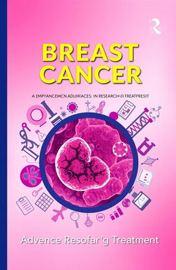 A vibrant cover design for a scientific book on breast cancer, featuring a detailed illustration of breast tissue cells under a microscope, surrounded by elements that symbolize research, such as lab equipment, DNA strands, and charts