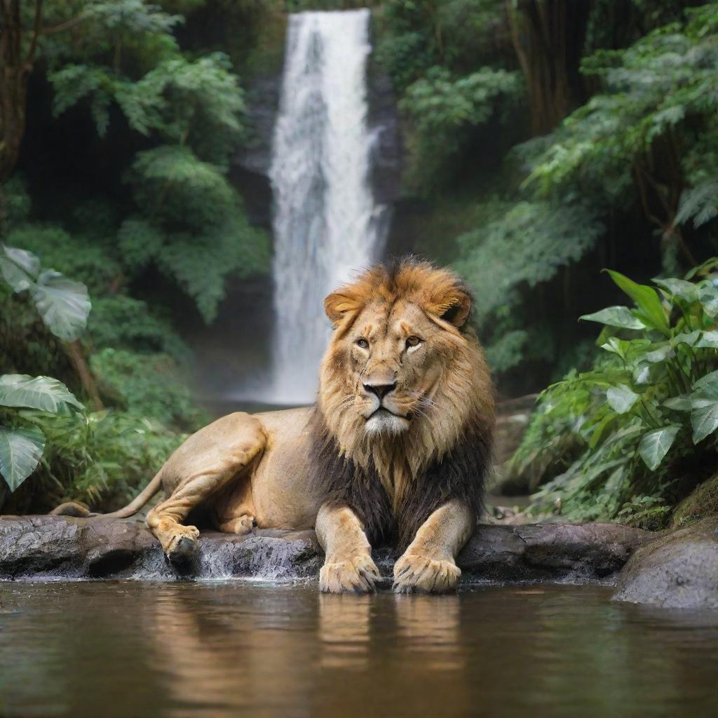 A majestic lion drinking water at the base of a mesmerizing jungle waterfall. The lush greenery of the jungle surrounds the scene, with the cascade of the waterfall providing a serene background.