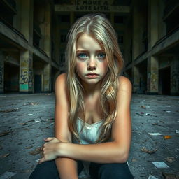 A beautifully detailed portrait of a blonde girl named Samantha with expressive eyes and a perfect face, aged around 17, embodying a melancholic expression