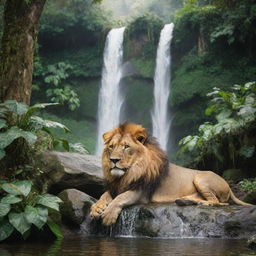 A majestic lion drinking water at the base of a mesmerizing jungle waterfall. The lush greenery of the jungle surrounds the scene, with the cascade of the waterfall providing a serene background.