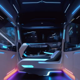 The driver's cabin of a state-of-the-art, futuristic van furnished with advanced technologies and modern design elements.