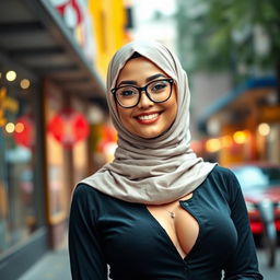 A beautiful, attractive young woman wearing a stylish hijab and fashionable glasses, with an appealing curvy figure accentuated by her large breasts