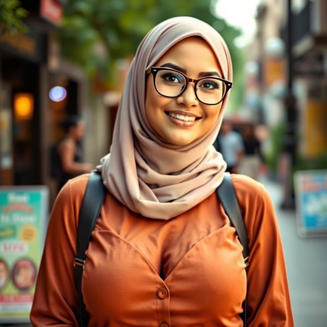 A beautiful, attractive young woman wearing a stylish hijab and fashionable glasses, with an appealing curvy figure accentuated by her large breasts