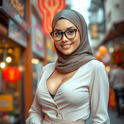 A beautiful, attractive young woman wearing a stylish hijab and fashionable glasses, with an appealing curvy figure accentuated by her large breasts