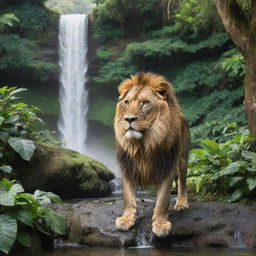 A majestic lion drinking water at the base of a mesmerizing jungle waterfall. The lush greenery of the jungle surrounds the scene, with the cascade of the waterfall providing a serene background.